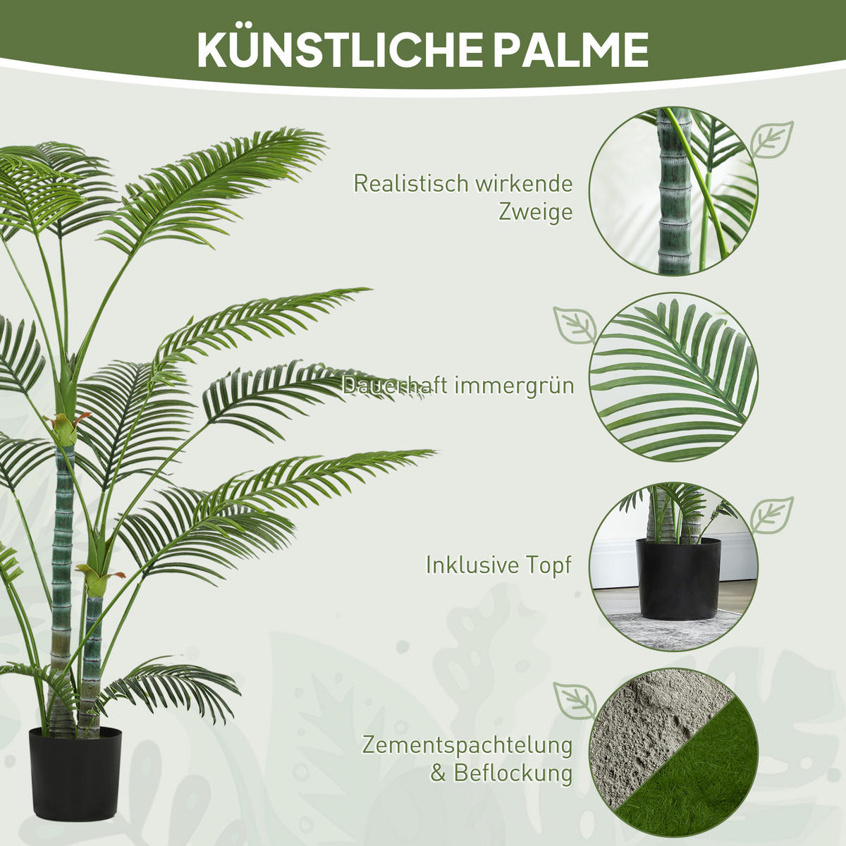 KÜNSTLICHE Palme groß 175 cm Kunstpflanze im Topf mit UV-Schutz für Garten - Schwarz/Grün, Kunststoff (175cm) - HOMCOM
