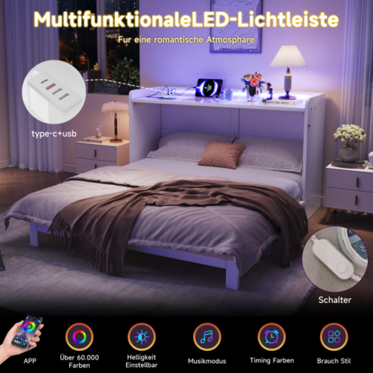 SCHRANKBETT 140 × 200 cm aus MDF und Spanplatte mit LED-Beleuchtung, USB-Anschluss und Stauraumschubladen, weiß - Weiß, Holzwerkstoff - Luhomfu