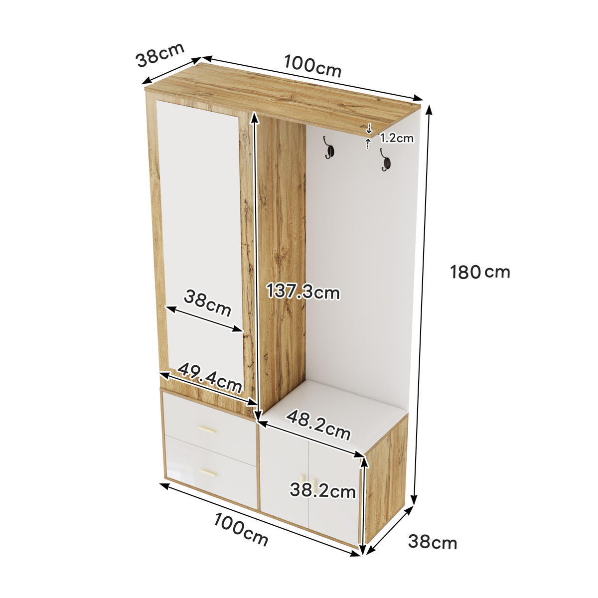 SCHUHSCHRANK aus Spanplatte 100x38x180cm in Weiß & Natur mit Spiegel - Naturfarben, Holzwerkstoff (100/180/38cm) - Modfu