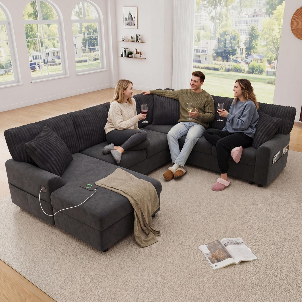 WOHNLANDSCHAFT mit Chaise longue, 3 Kissen, USB/Type-C in Grau - Schwarz, Textil (249/83/196cm) - EVRYAE