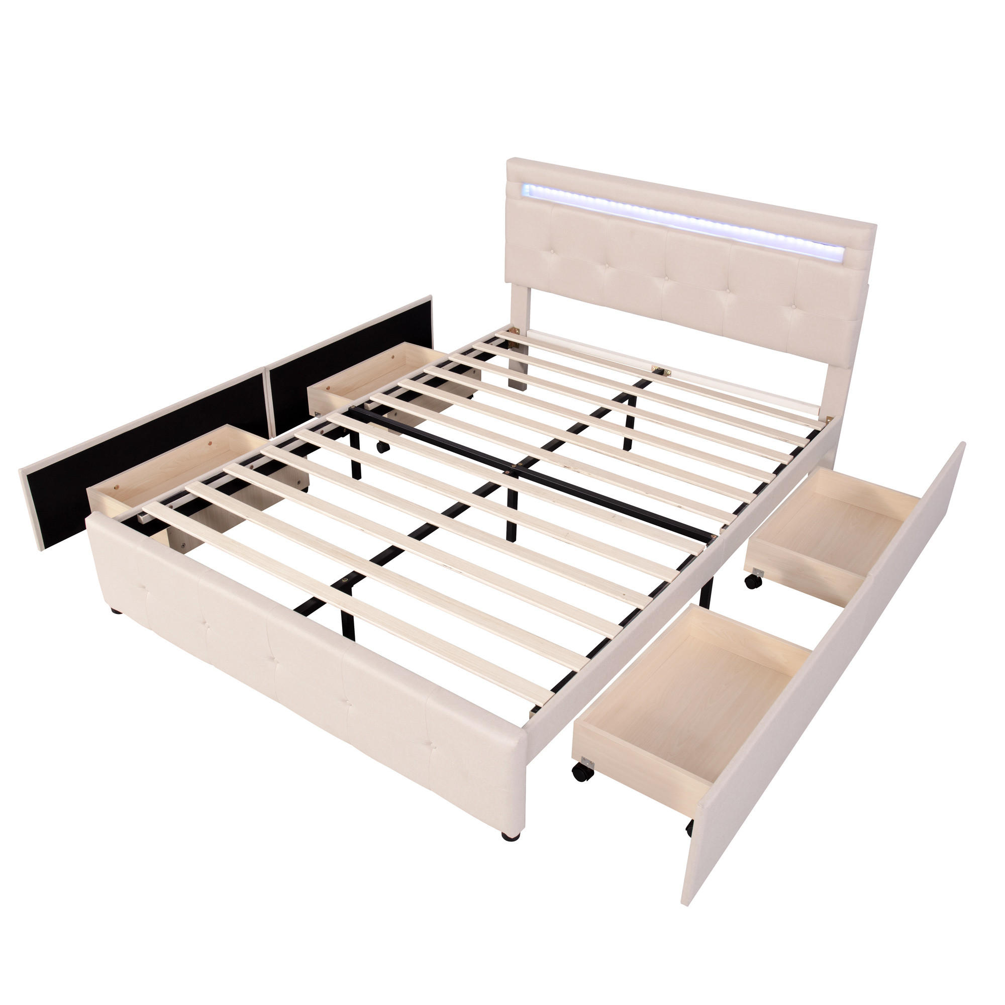 POLSTERBETT 140/200 cm DE-01701, in Beige, mit LED, 4 Schubladen und Bettkasten auf Rollen - Beige, Metall (140/200cm) - ComfortXL