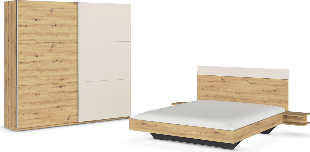 SCHLAFZIMMER Monza in Eiche Artisan und Beige mit Bettanlage 160x200cm, 2 Nachttischen und Schwebetürenkleiderschrank 4türig ohne Spiegel - Braun, Holzwerkstoff (80/200/120cm)