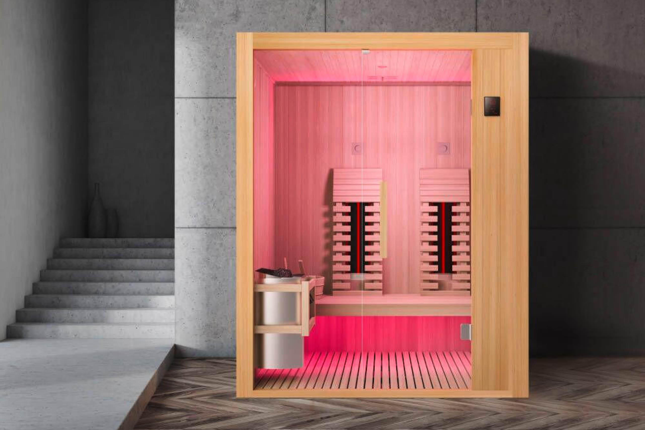  Innenansicht einer Sauna, beleuchtet von pinken Lichtern für eine beruhigende Stimmung.