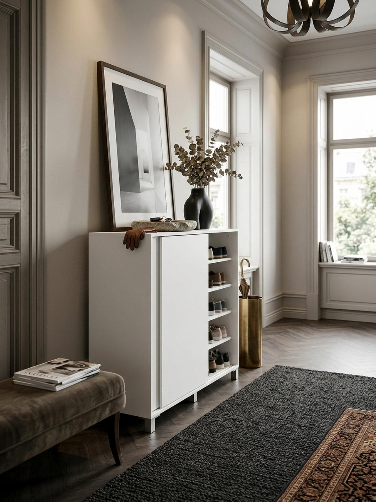 SCHUHSCHRANK Holz für 20 Paar Schuhe mit Schiebetüren, Weiß 100x38x108 cm - Silberfarben/Weiß, Holz/Kunststoff (100/108/38cm) - KADIMA DESIGN