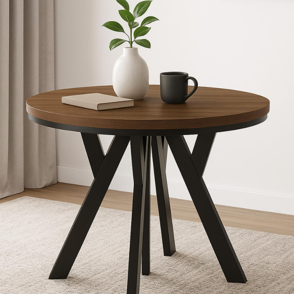 ESSTISCH Runder Ausziehbarer PERO 90/140 mit einem Ring-Gestell, Franklin Nuss/Schwarz - Dunkelbraun/Schwarz, Holz (90/140/77cm) - Dekori_Interiors