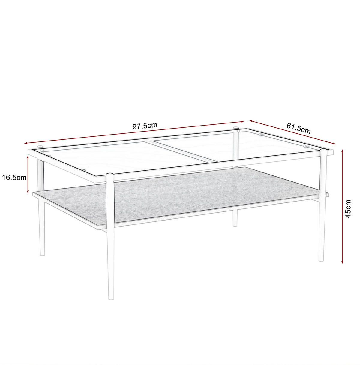 COUCHTISCH aus gehärtetem Glas 97x61x45 cm Grau/Weiß mit MDF-Ablage und Eisenbeinen - Weiß, Glas (97.5/61.5/45cm) - IVMEU