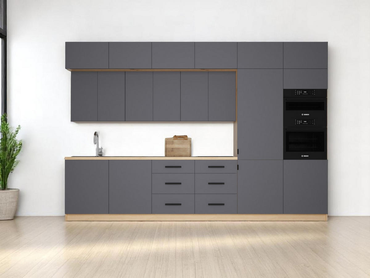 KÜCHENZEILE 360 cm - Langen K72-M360 R in Grau/Matt - Schwarz/Grau, Holz/Metall (360/248/58cm)