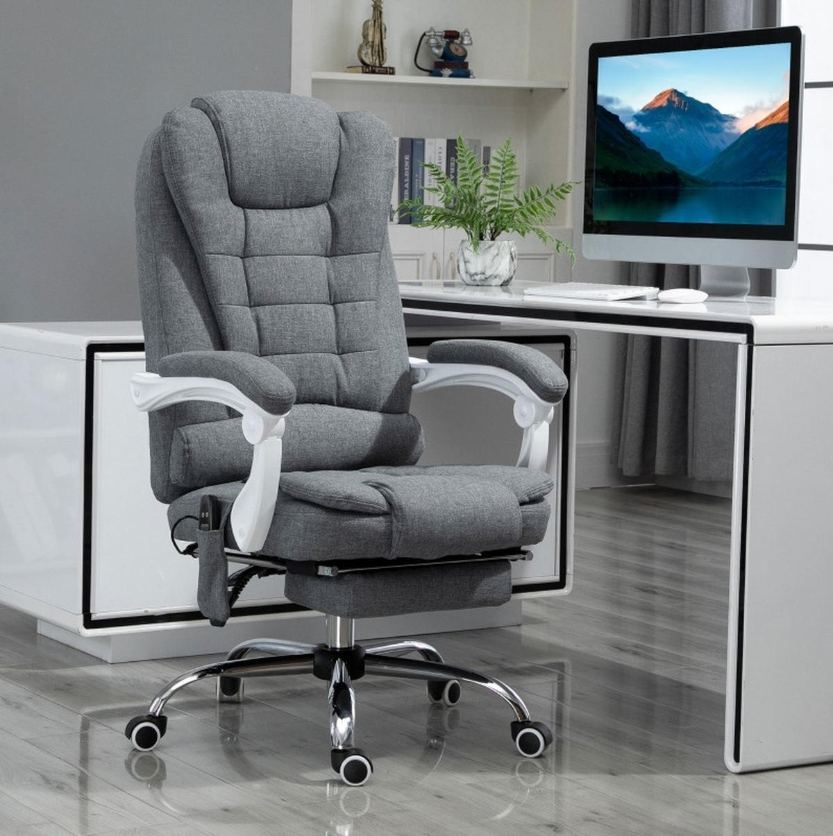 DREHSTUHL 65/70/111-119 cm grau aus Polyester mit Massage und Fußstütze - Grau, Kunststoff (70/119/65cm) - OKWISH