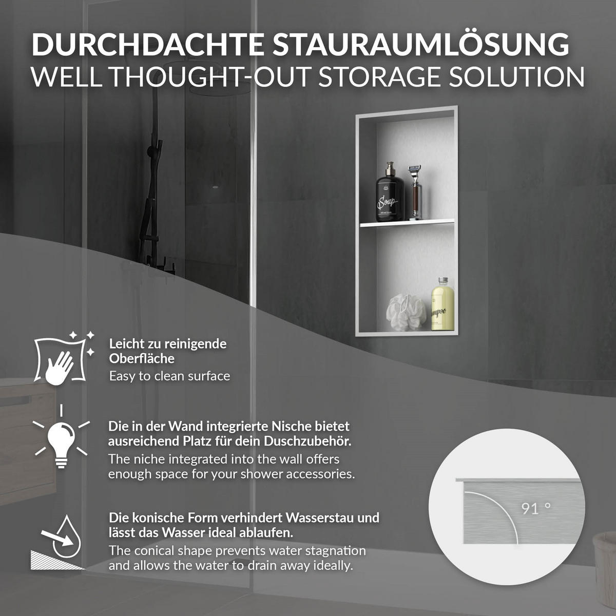 DUSCHNISCHE Silber 30/60 cm - Silberfarben, Metall (30/60/10cm) - LuxeBath