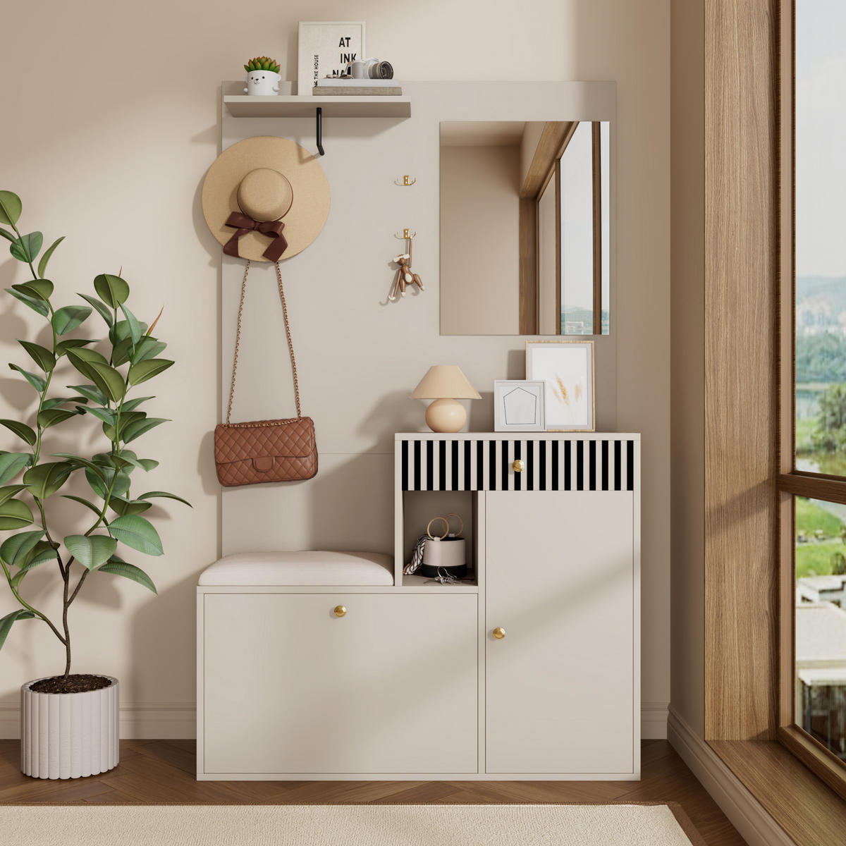 GARDEROBE 110x185x37 cm Spiegel Polster - Beige, Holz (110/185.5/37cm) - LEBENLANG