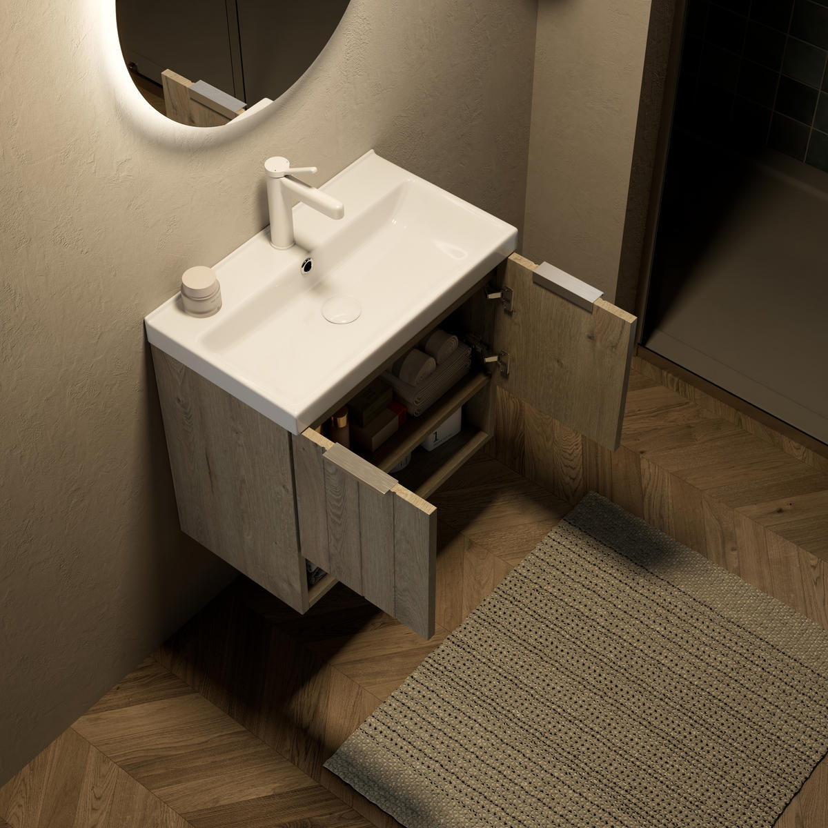 WASCHTISCHUNTERSCHRANK 55x32x53cm Creme/Weiß mit glänzendem Keramikbecken - Creme, Keramik (55/53/32cm) - Modfu