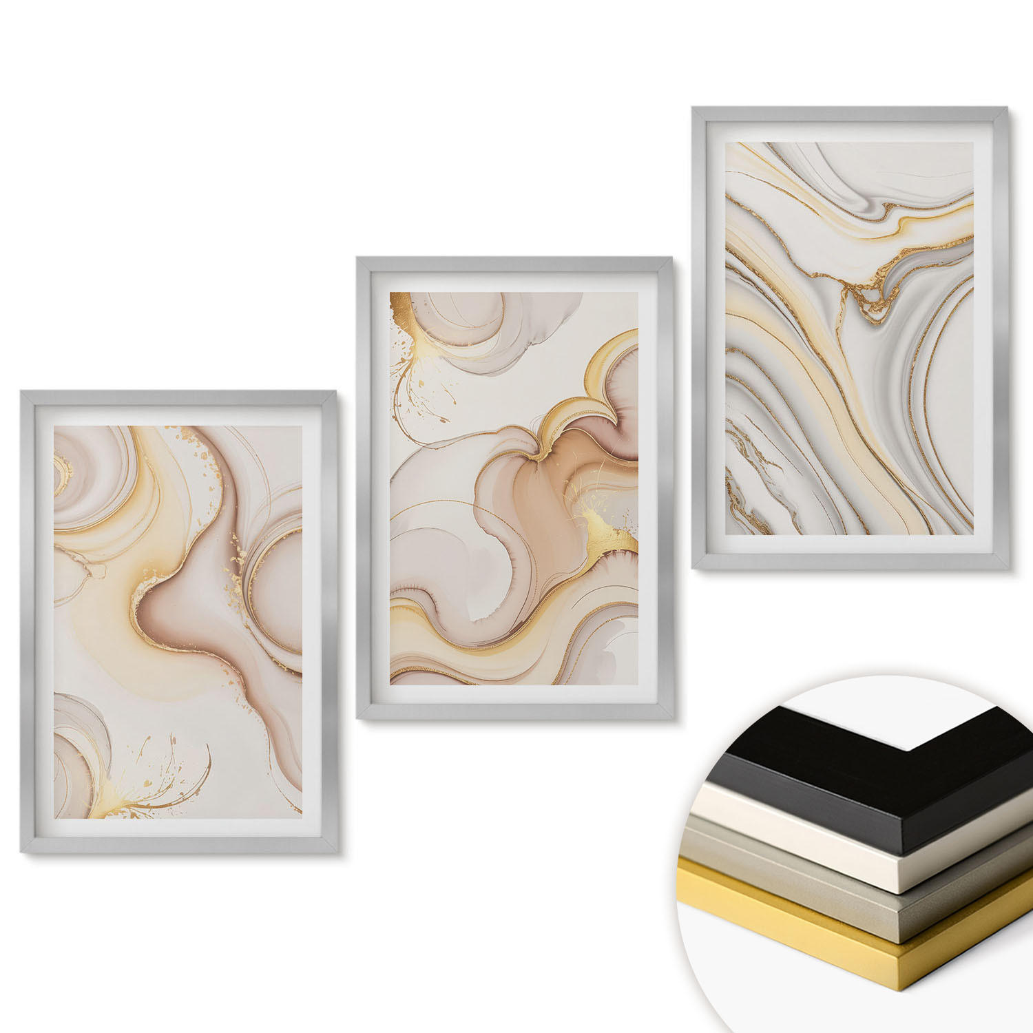 WANDBILDER 3er Set - 40x60 cm Silberner Rahmen - Lineare abstrakte Motive - Silberfarben, Kunststoff (40/60cm) - ArtPrintCave
