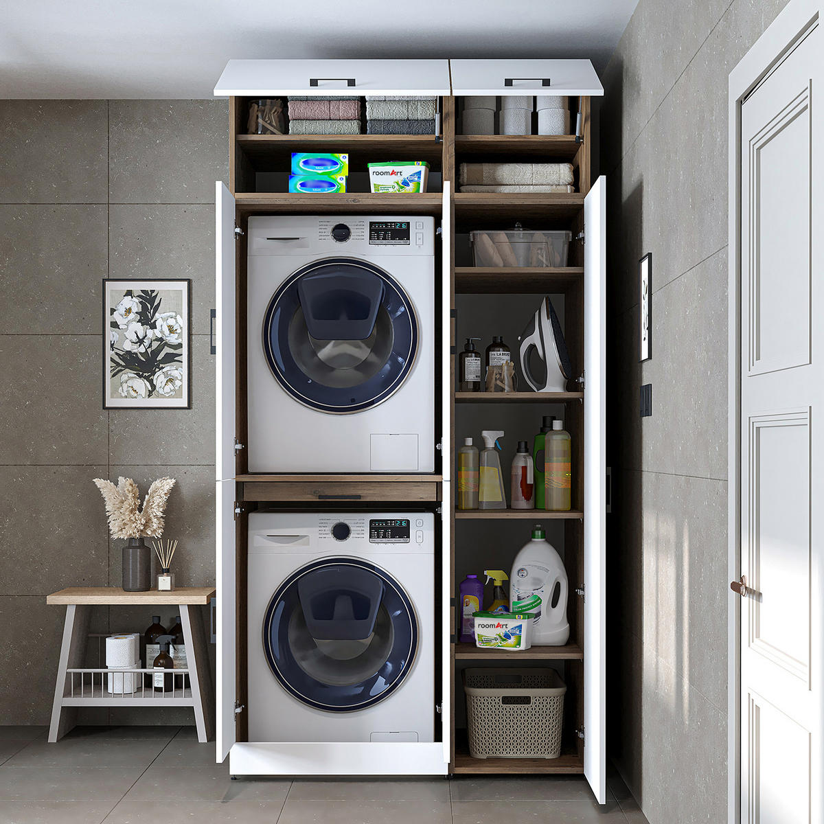WASCHMASCHINENSCHRANK DORA-I 115cm Breit, 230cm Hoch - Eiche Bianco, Holzwerkstoff (115/230/73.8cm)