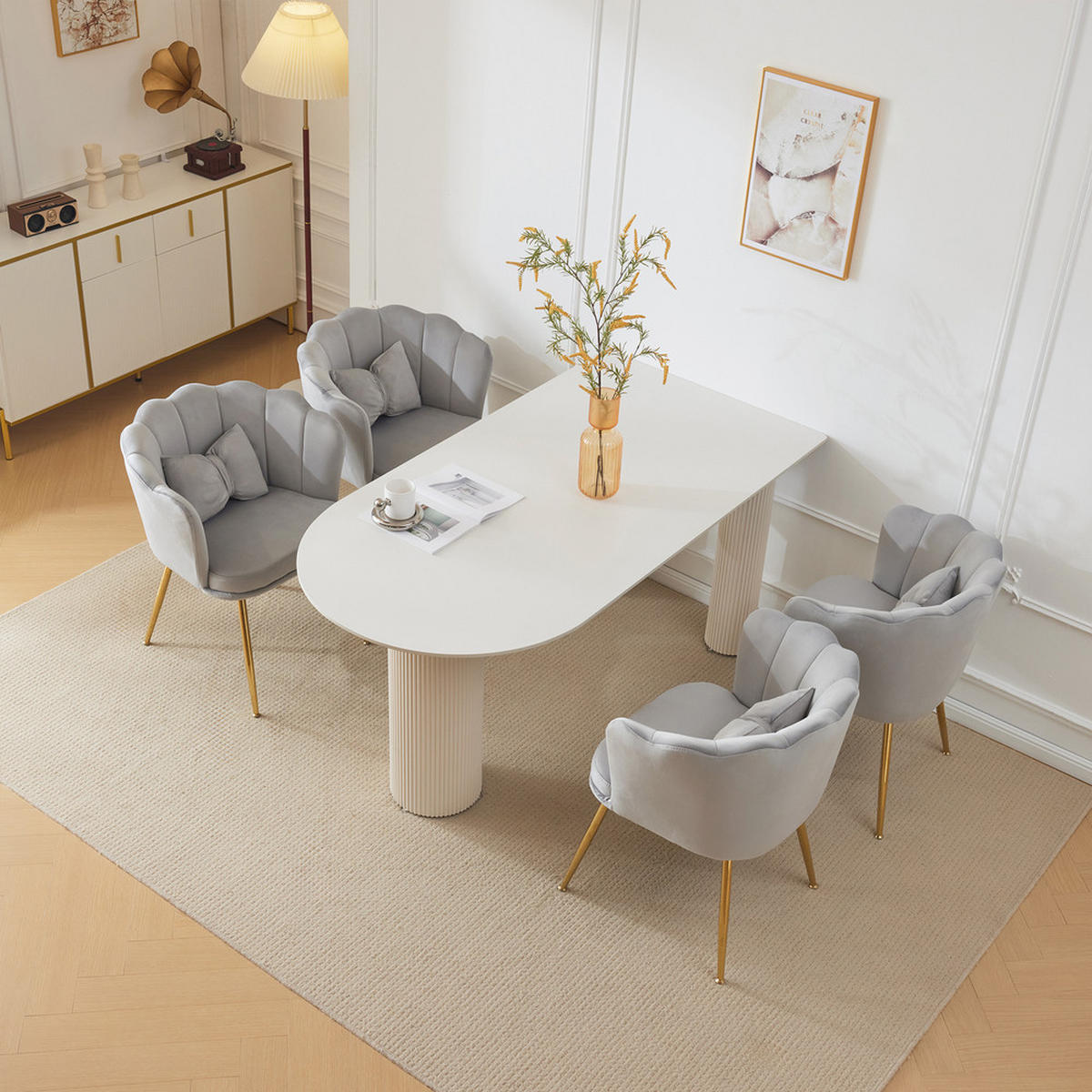 STUHL SET 4-TEILIG Samt Polster Blütenblatt-Rücken Goldfüße & Kissen Grau - Grau, Holz (62/43/54cm) - FLIEKS