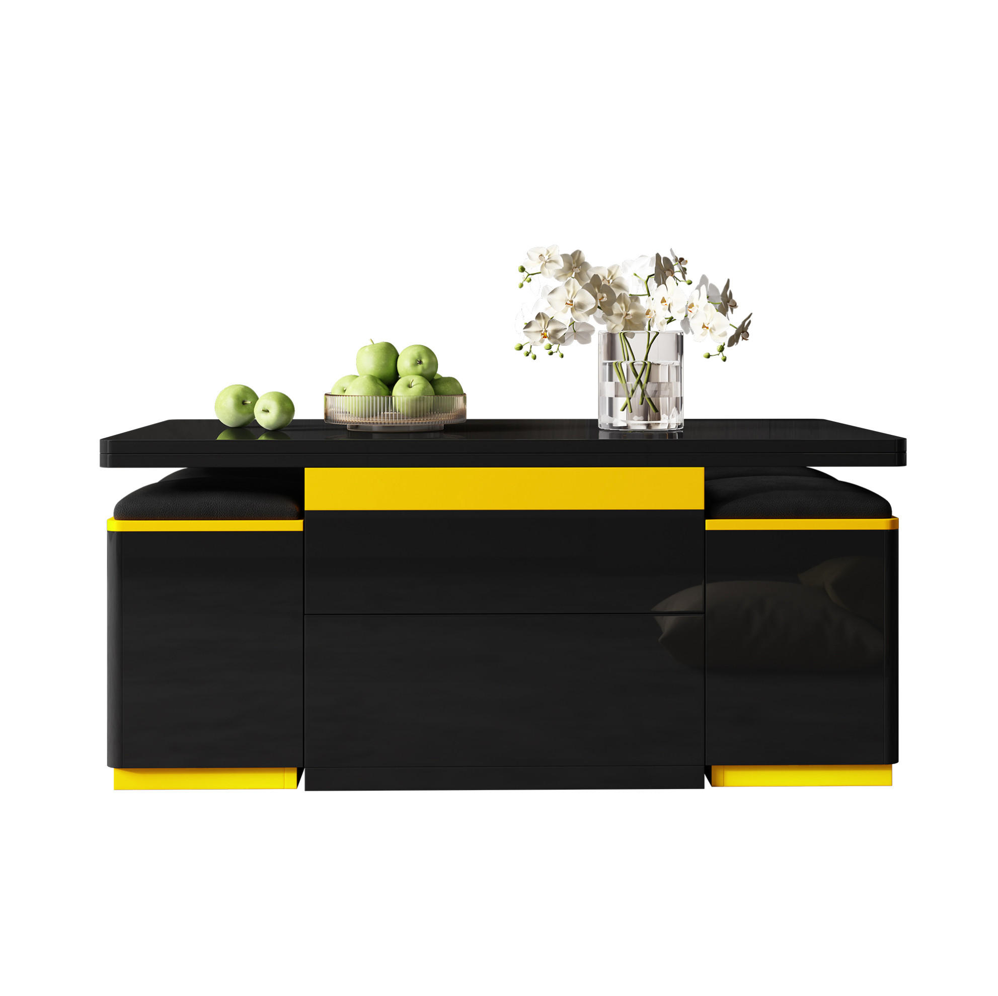 COUCHTISCH 100/50/43 cm Schwarz Gelb höhenverstellbar mit Stauraum und 4 Hockern - Schwarz, Holzwerkstoff (100/50/43cm) - OKWISH