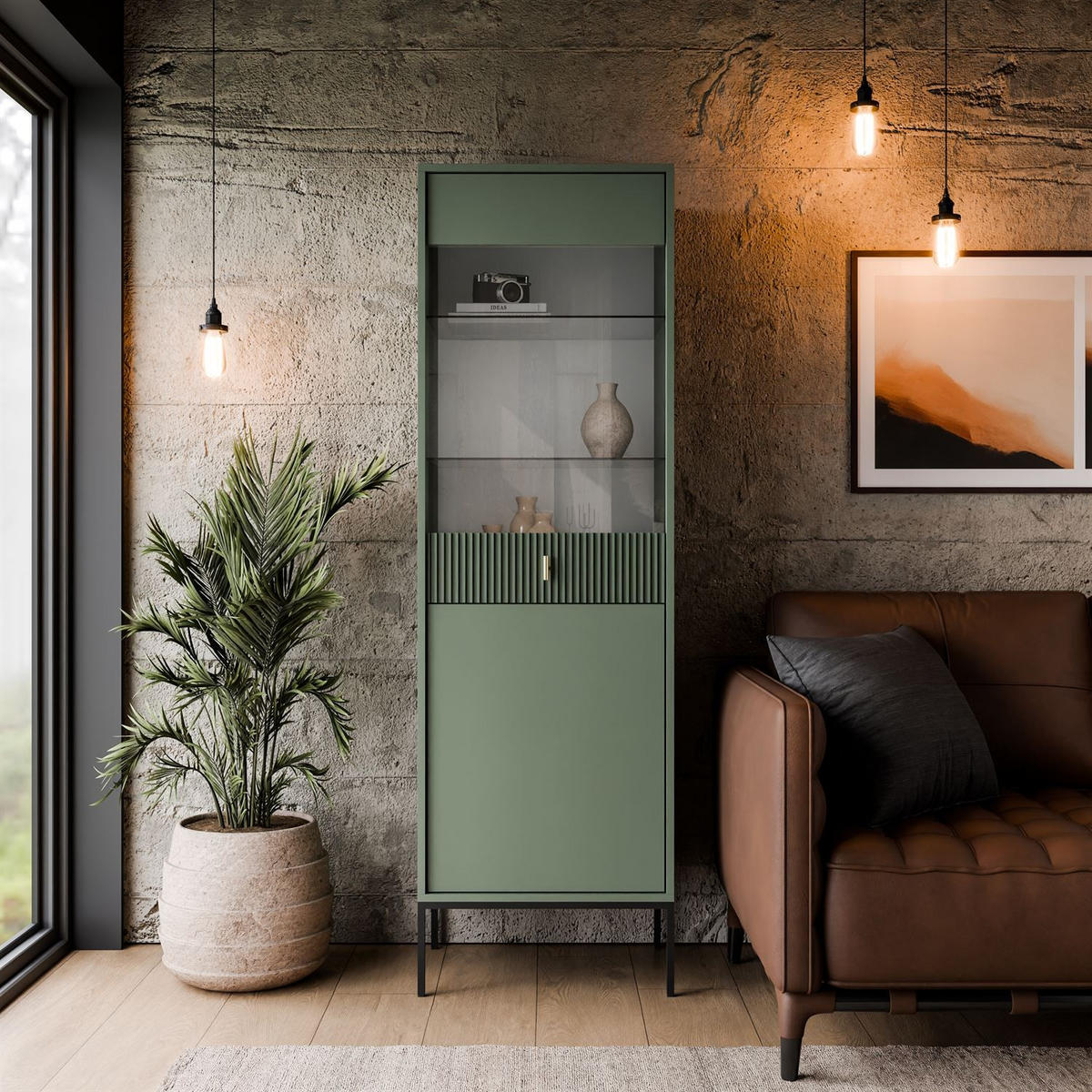 VITRINE MIDNIGHT mit Glastür auf Gestell grün - Schwarz/Grün, Holzwerkstoff (54/175/39cm) - Lookway
