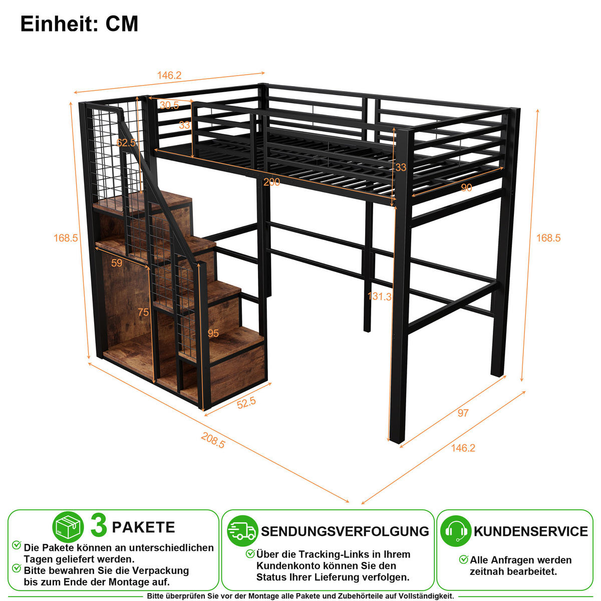 VYVÝŠENÁ POSTEL 90/200 cm v černé barvě s úložným prostorem - černá, kov/kompozitní dřevo (90/200cm) - CHICFURN