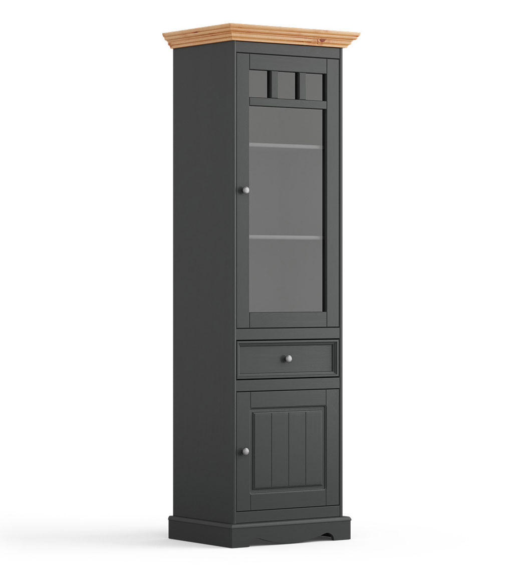 VITRINE Belluno Elegante Kiefer Natur gebeizt / basaltgrau (RAL7012) lackiert 59,5 / 44 / 190cm - Grau/Kieferfarben, Holz/Metall (60/190/44cm) - Feldmann-Wohnen