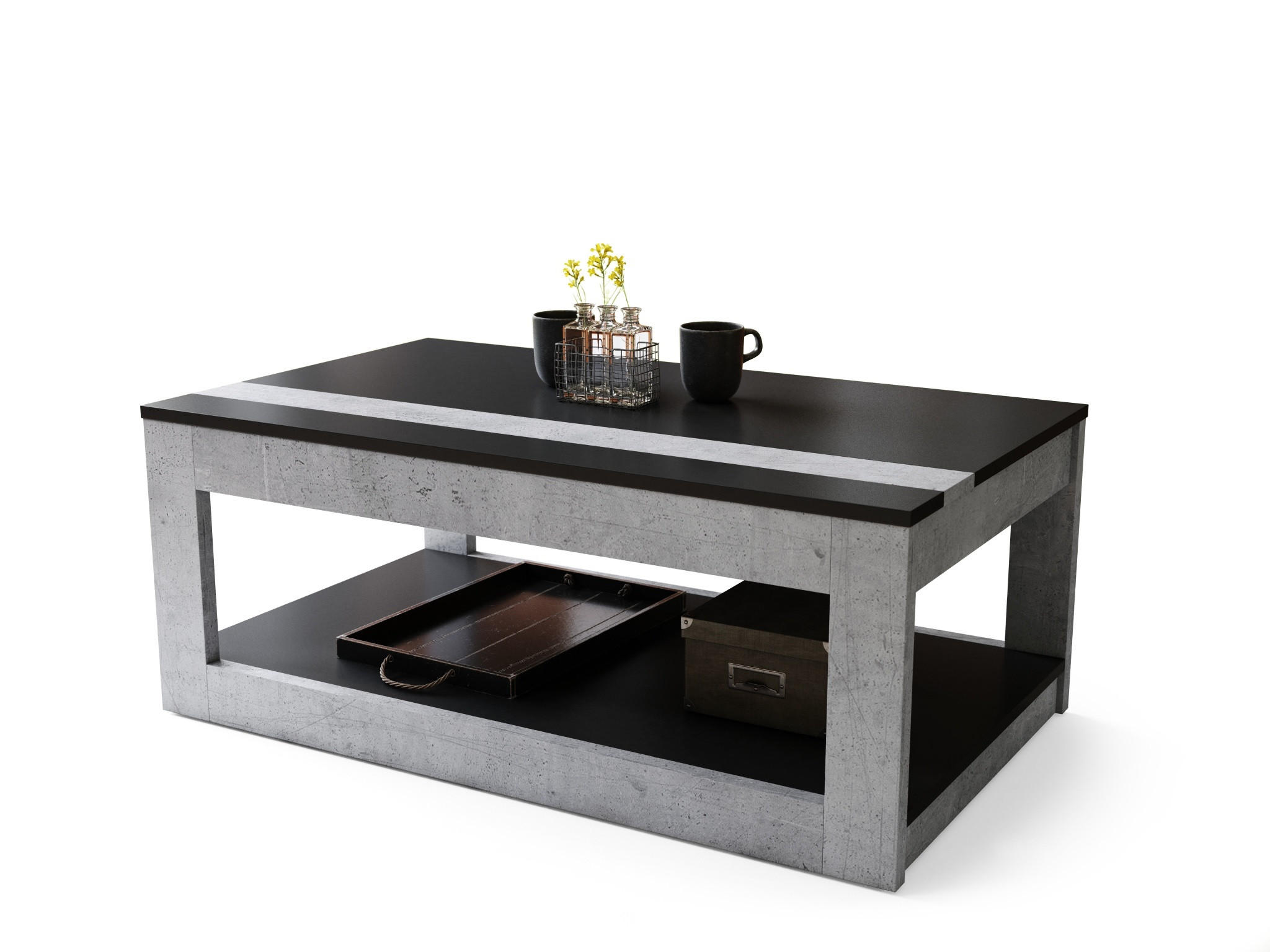 COUCHTISCH rechteckig Schwarz - Beton aufklappbar - Hellgrau/Schwarz, Holzwerkstoff (66/112/45cm) - designimpex