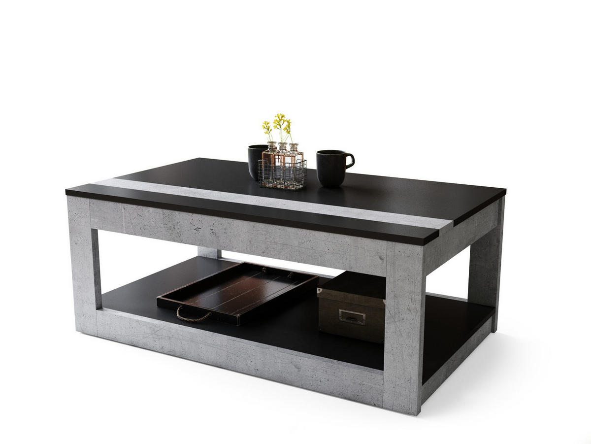 COUCHTISCH rechteckig Schwarz - Beton aufklappbar - Hellgrau/Schwarz, Holzwerkstoff (66/112/45cm) - designimpex