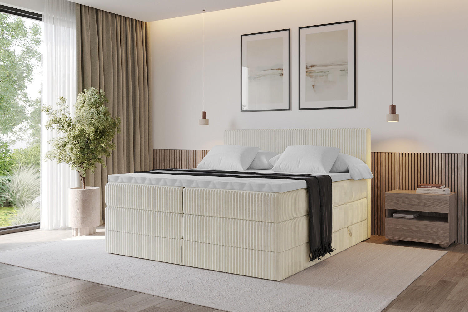 BOXSPRINGBETT mit Matratze H3|H4 und Lattenrost - TOLO KING 140x200 Cord - Creme - Champagner, Holzwerkstoff (140/200cm) - ALTDECOR