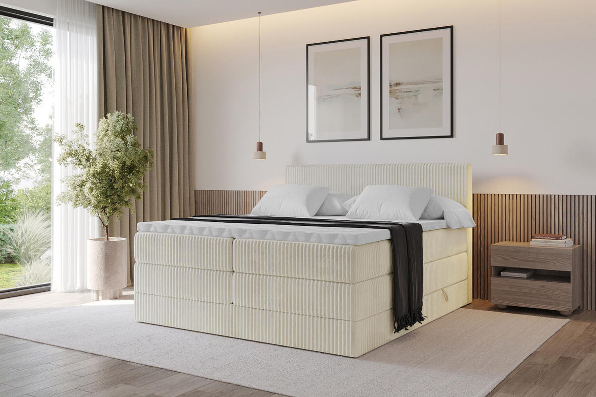 BOXSPRINGBETT mit Matratze H3|H4 und Lattenrost - TOLO KING 140x200 Cord - Creme - Champagner, Holzwerkstoff (140/200cm) - ALTDECOR