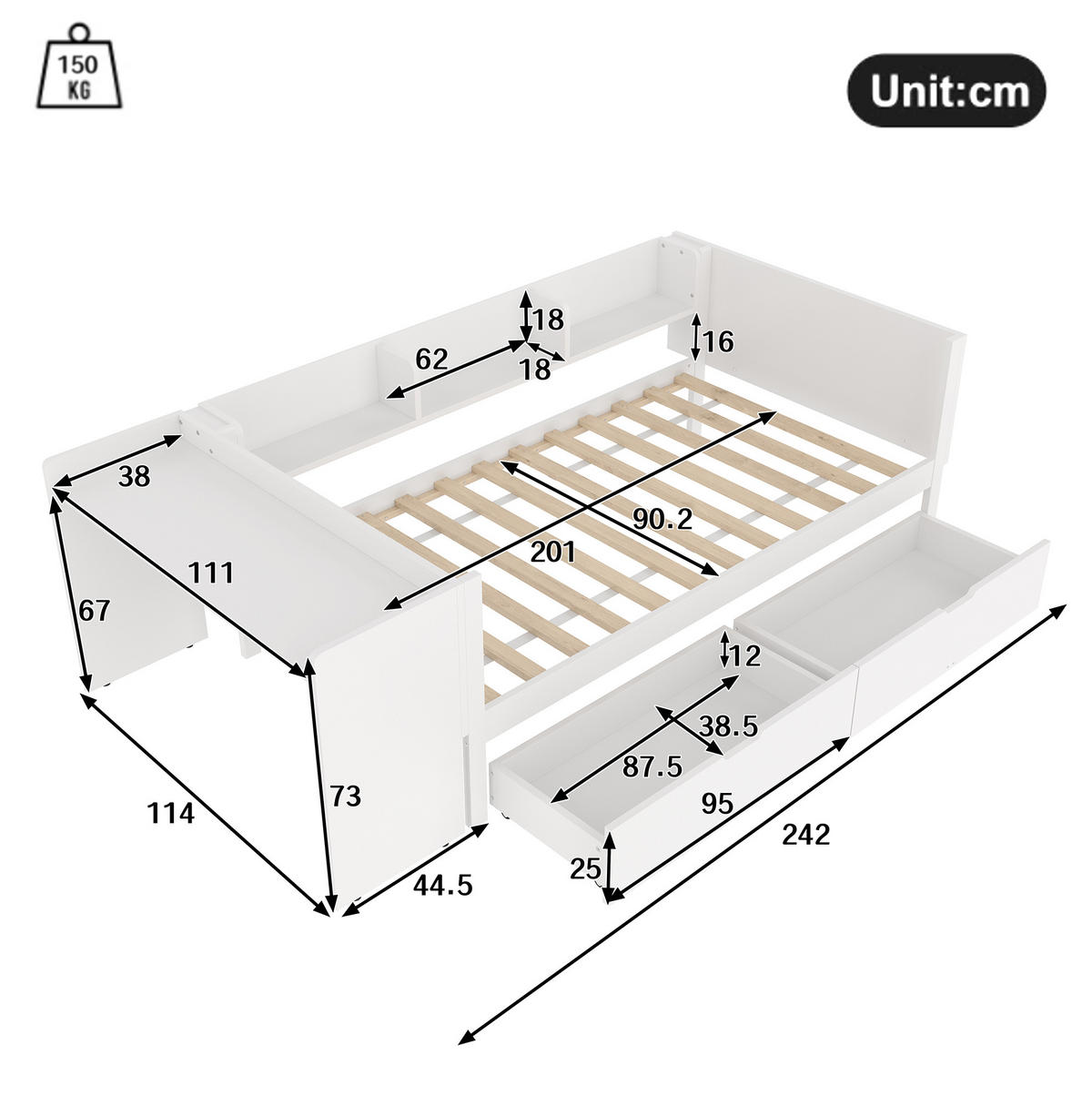 KINDERBETT 90/200 cm Weiß aus Kiefern mit Schreibtisch, 2 Schubladen und Regalen - Weiß, Holz (90/200cm) - OKMYHOME