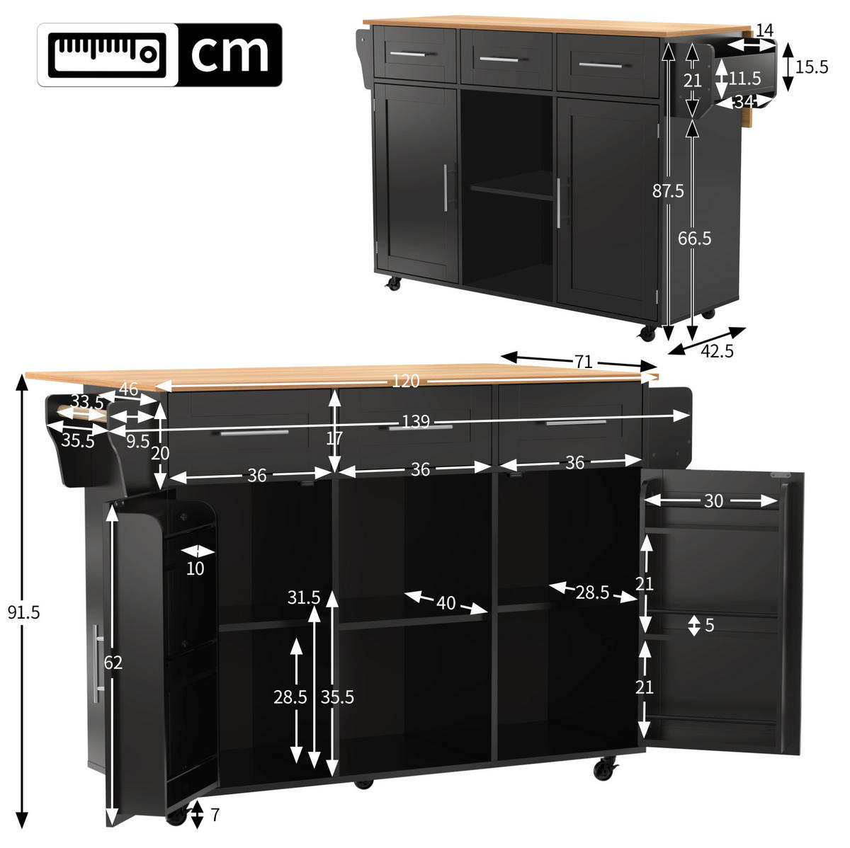 KÜCHENWAGEN mit Klappplatte 139 x 46(71) x 91,5 cm Schwarz/Natur - Schwarz, Holz (46/91.5/139cm) - Beauniv