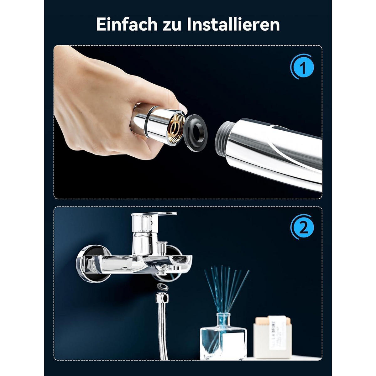HANDBRAUSE Set mit Schlauch 59 Zoll 5 Strahlarten Hochdruck Wassersparend Chrom Silber - Silberfarben, Metall (10.5/12.7/24cm)
