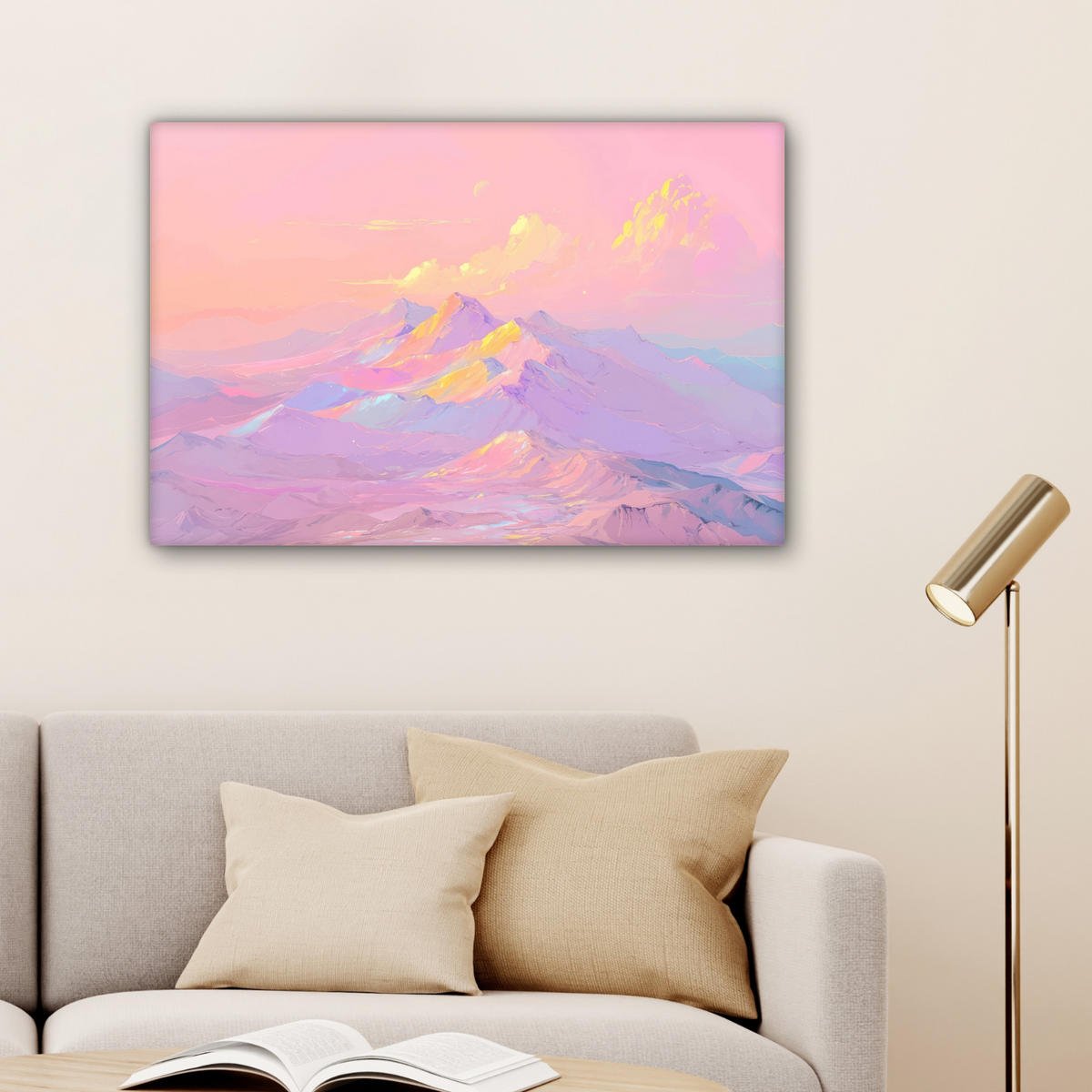 LEINWANDBILD Berggipfel - Wolken - Verträumt Wanddeko 90x60 cm - Hellrosa, Textil (90/60cm) - MuchoWow