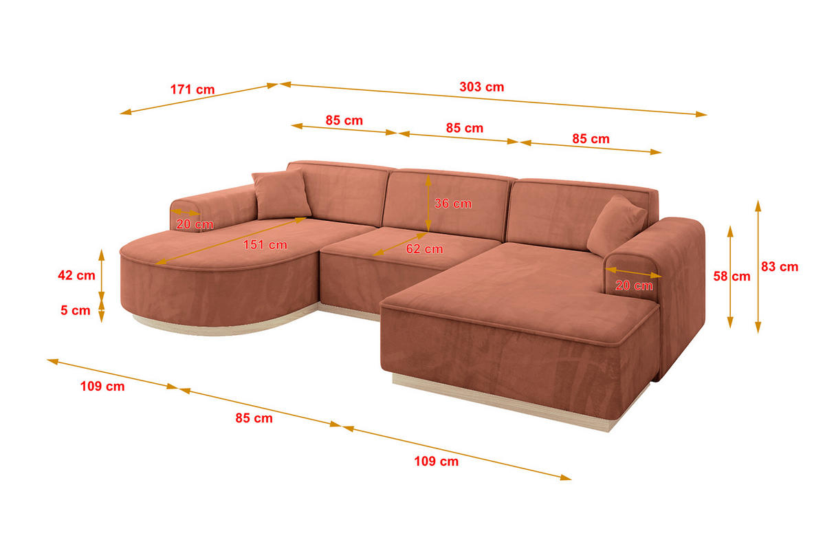 WOHNLANDSCHAFT ARRIO-U1 303x171x83 cm Koralle - Koralle, Holzwerkstoff/Textil (303/83/171cm) - ALTDECOR