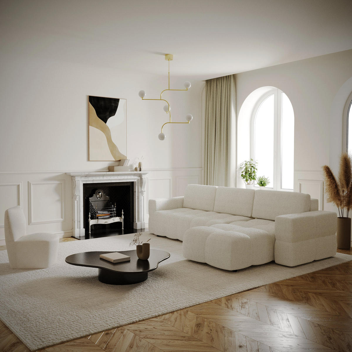 ECKSOFA RECHTS SCHLAFSOFA Mit Stauraum Bouclé creme 286 cm - Creme, Textil (286/169cm) - Sia Home