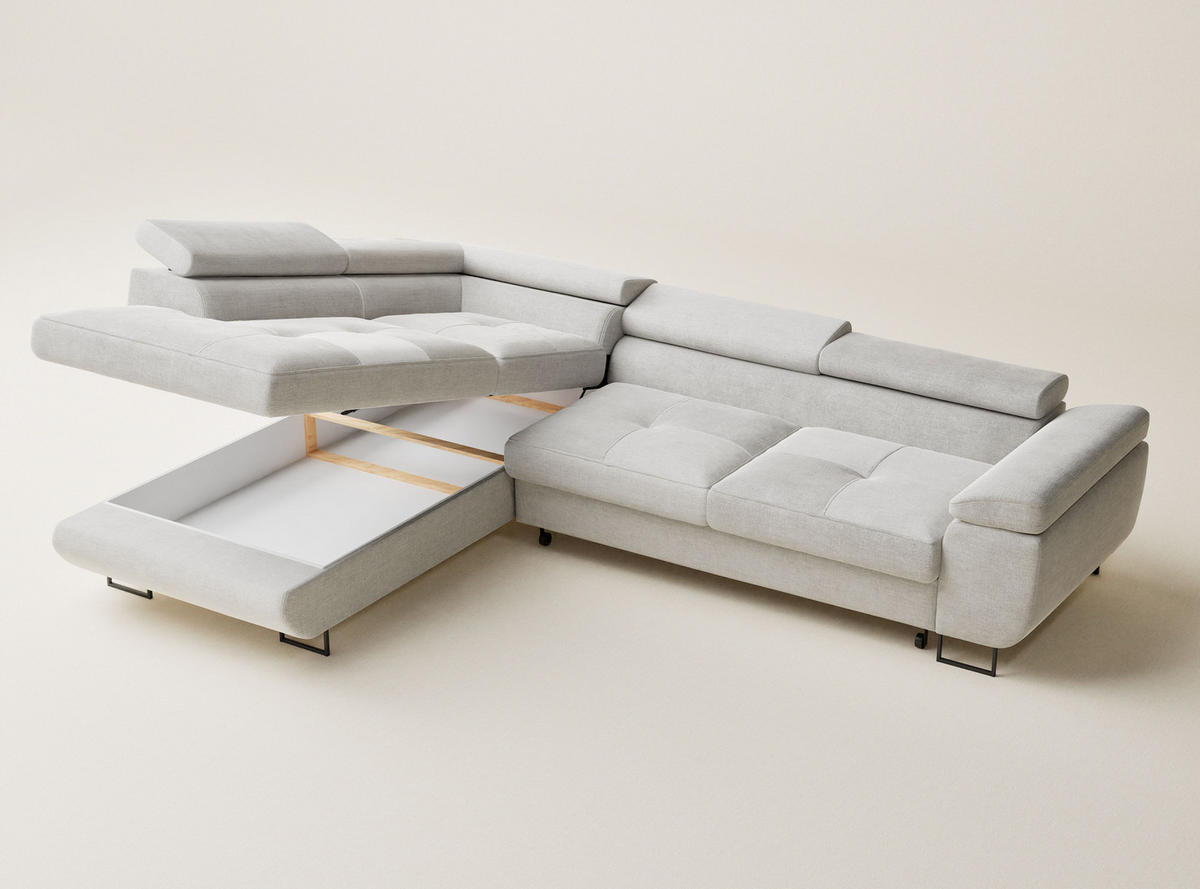 ECKSOFA Concord Beige grau Chenille-Stoff - Links Seite - Greige/Schwarz, Holz/Holzwerkstoff (203/277cm) - Maison de Reve