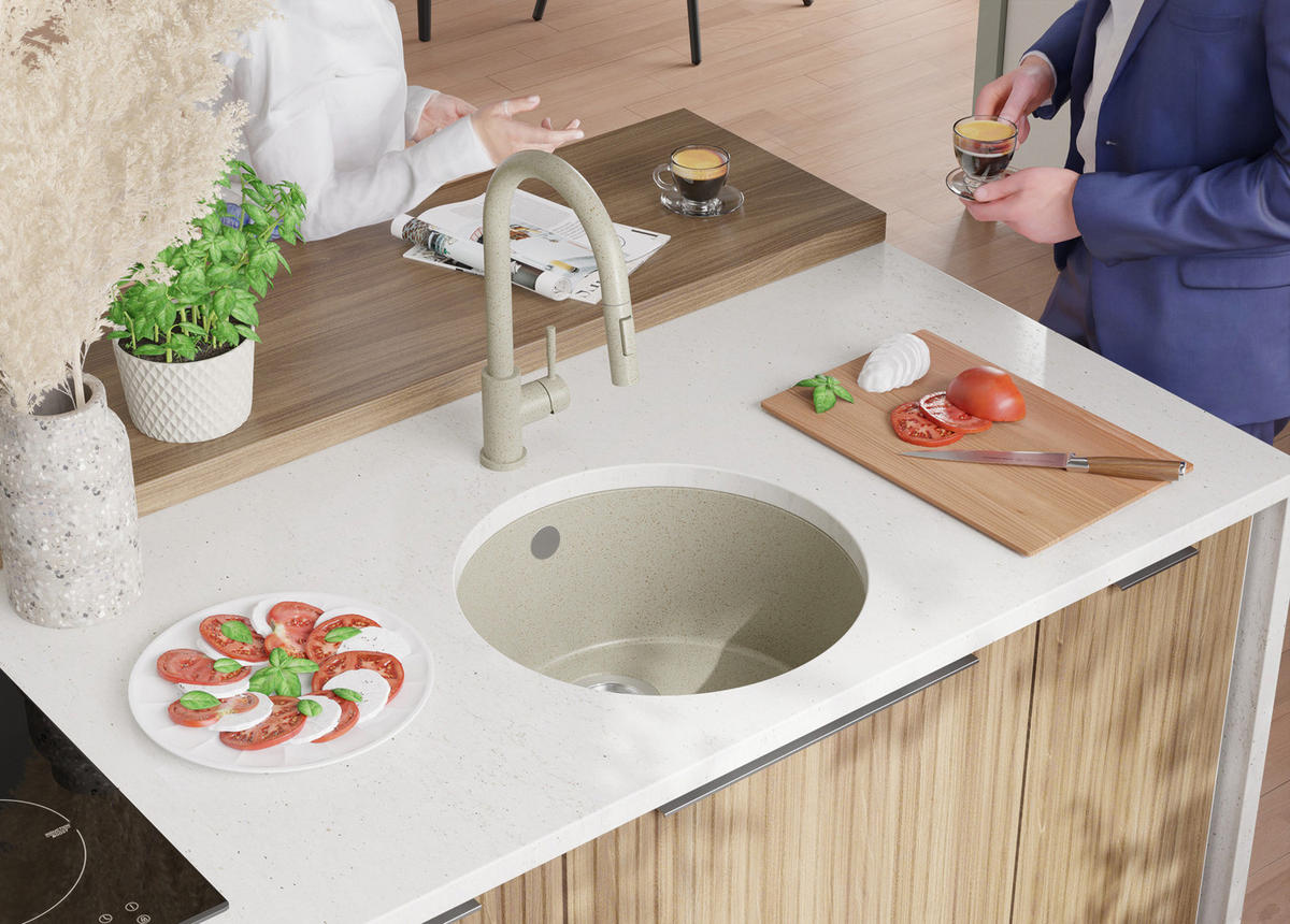 UNTERBAUSPÜLE GRANIT Valletta, 2-er set Beige 46/46 cm 1 Becken + Küchenarmatur 40/20 cm + Ablauf-Set ab 50er Unterschrank - Beige, Kunststoff (46/20/46cm) - Primagran