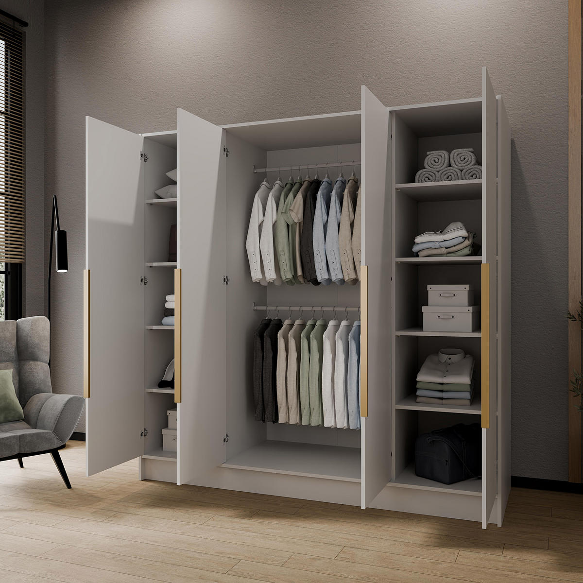 DREHTÜRENSCHRANK Laro mit Spiegel, Weiß mit mit goldenen Griffen, 200 cm - Weiß, Holzwerkstoff (200/200/51cm) - Beautysofa