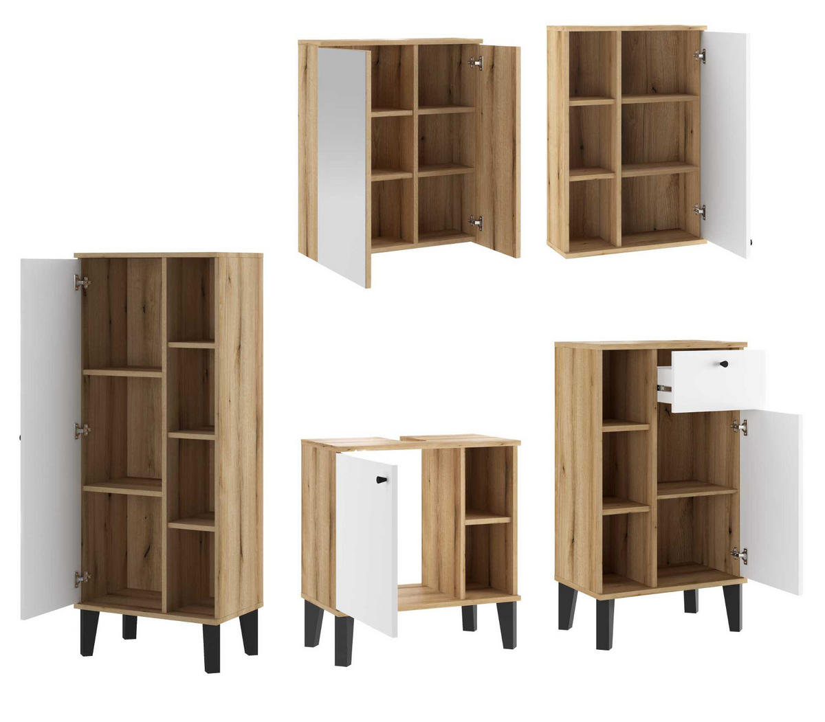 BADMÖBEL-SET 5-teilig weiß, Evoke Eiche, Badkombination, 182 x 190 cm - Eichefarben/Schwarz, Glas/Holzwerkstoff (182/190/33cm) - Furn.Design