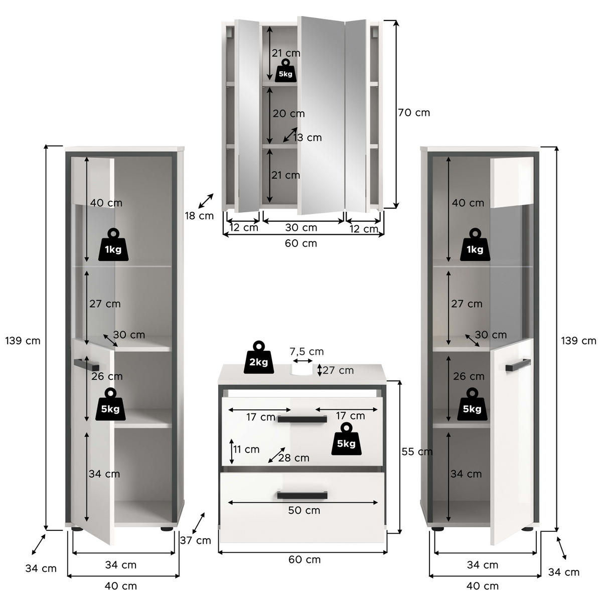 BADMÖBEL-SET 4-teilig 170 cm weiß Hochglanz, grau, Badezimmerschränke mit viel Stauraum - Weiß Hochglanz/Schwarz, Glas/Holzwerkstoff (170/190/37.5cm) - Inn.Furn
