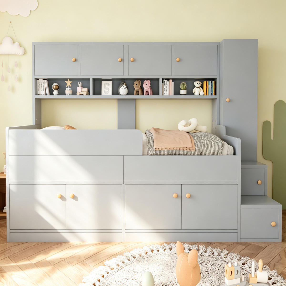 KINDERBETT Holz 90x200 cm Grau mit Stauraum, Leiter, Kleiderschrank und LED-Beleuchtung - Grau, Holz (90/200cm) - Modfu