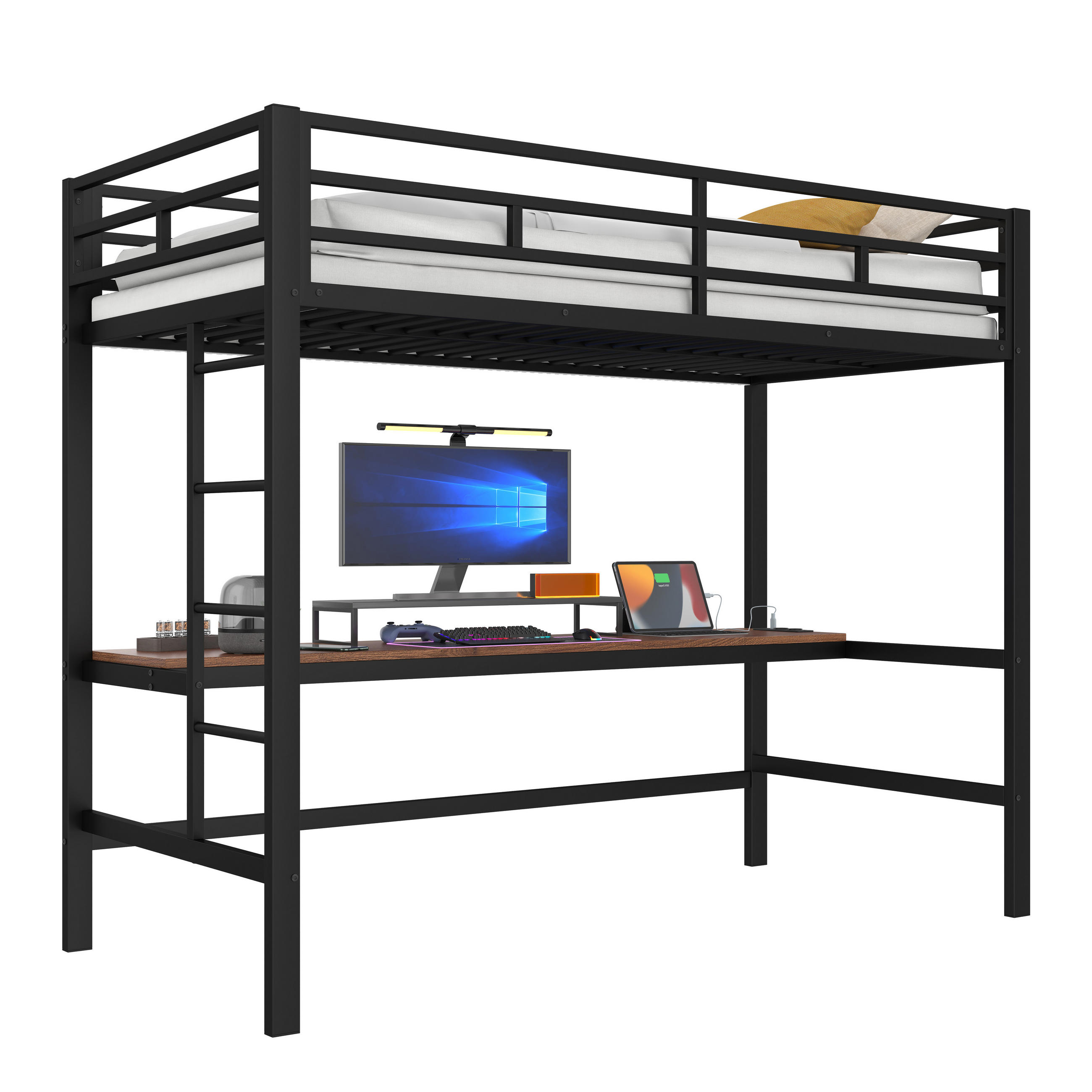 HOCHBETT 90x200cm Schwarz Metall Schreibtisch USB Steckdose EN747 - Schwarz, Metall (90/200cm) - FLIEKS