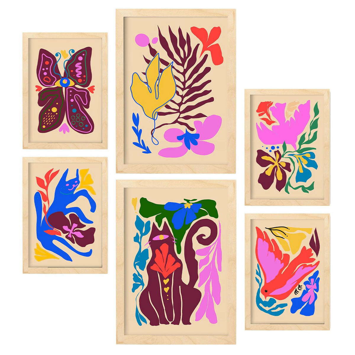 POSTER Set Mit 6 Malerische Tierästhetik Größe A3 & A4 Rahmen aus hellem Holz - Beige, Papier (29.7/1cm) - Nacnic
