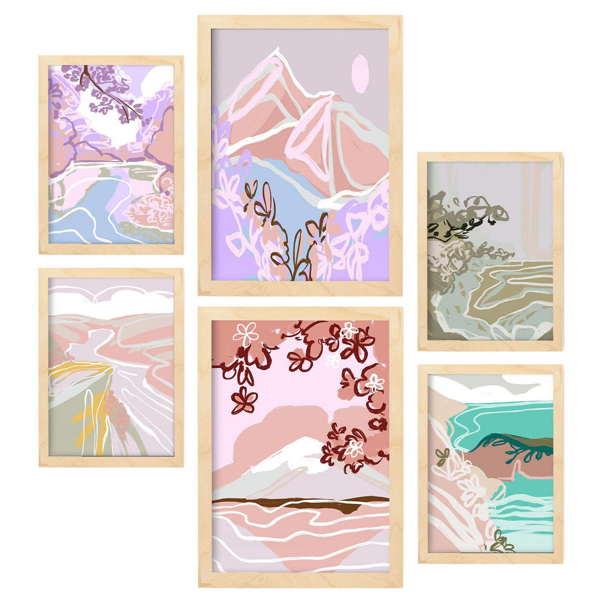 POSTER Set Mit 6 Stille Natur A3 & A4 Rahmen Aus Hellem Holz - Beige, Papier (29/3cm) - Nacnic