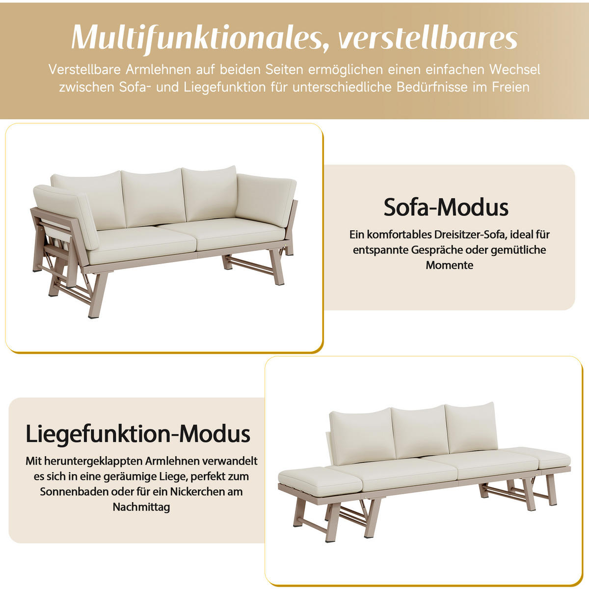 GARTENMÖBEL-SET, 3-Sitzer Outdoorsofa, Liegefunktion, Beige - Beige, Textil - FLIEKS