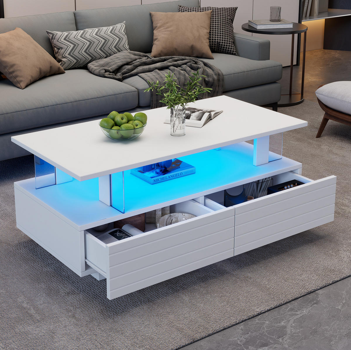 KLUB stolić 100/50/42 cm s LED rasvjetom, 2 ladice i akrilnom površinom, Bijela - bijela, drvni materijal/plastika (100/50/42cm) - Redom
