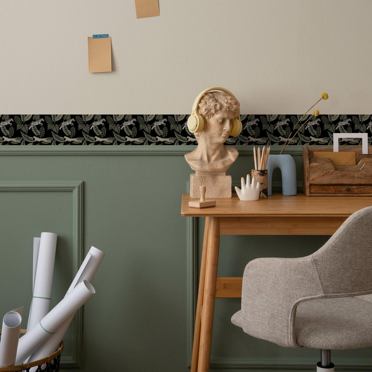 TAPETENBORDÜRE selbstklebend wilde TIERE Tropische Blätter Pflanzen - Beige/Schwarz, Papier (10/300/300cm) - Muralo