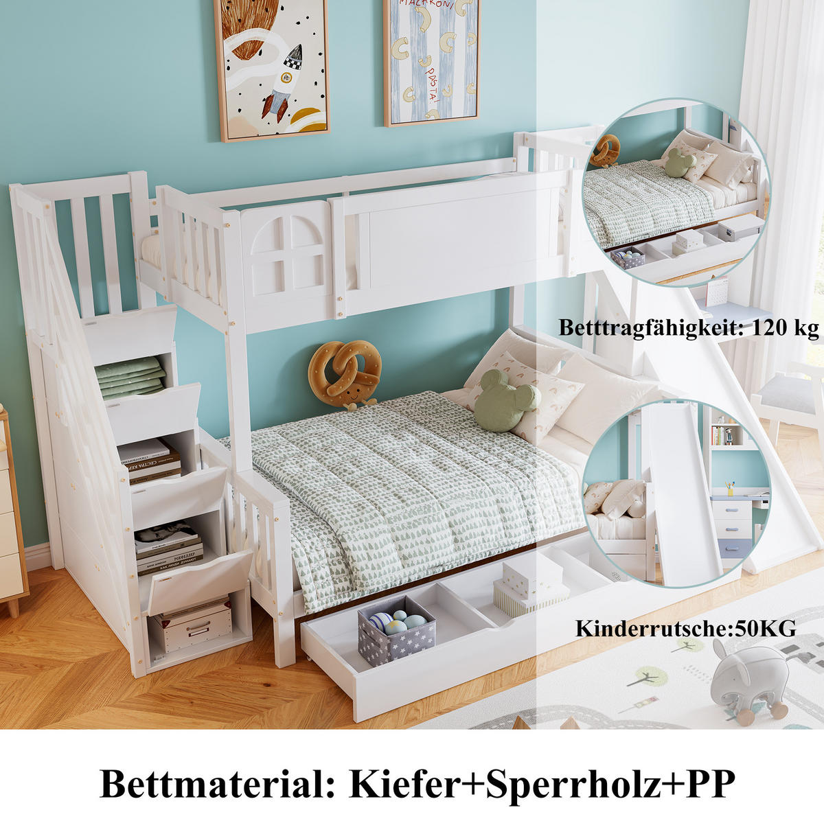 ETAGENBETT 90/200 & 120/200 cm aus Kiefer/MDF mit Rutsche und Stauraumtreppe Weiß - Weiß, Holzwerkstoff (90/200cm) - Modenvie