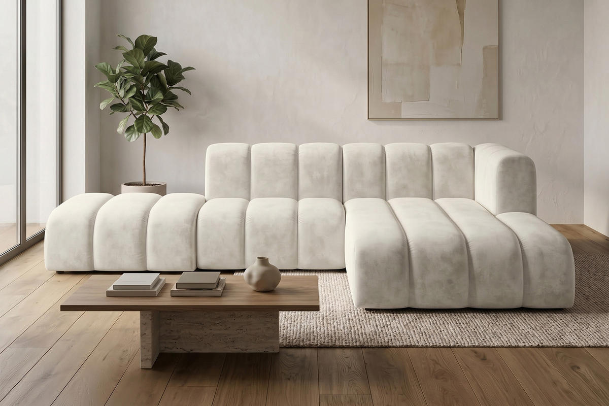 ECKSOFA Modulares In L-Form Mit Hocker, Velvet-Stoff Riviera, Ecru, Rechts, GRAND Mini - Creme, Holz (295/179cm) - Kaiser Möbel