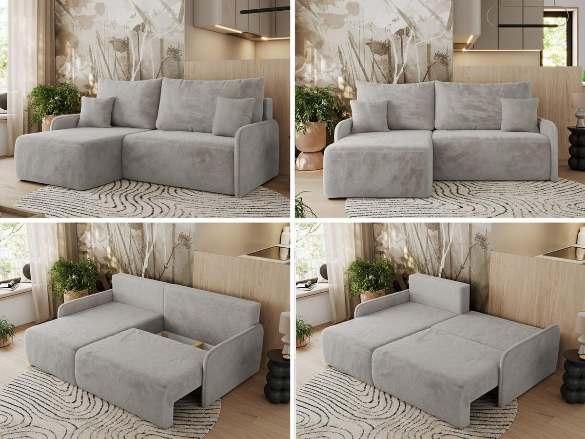 ECKSCHLAFSOFA ARPA L Hellgrau Plüsch - links - Hellgrau/Schwarz, Kunststoff/Textil (198/150cm) - MKS