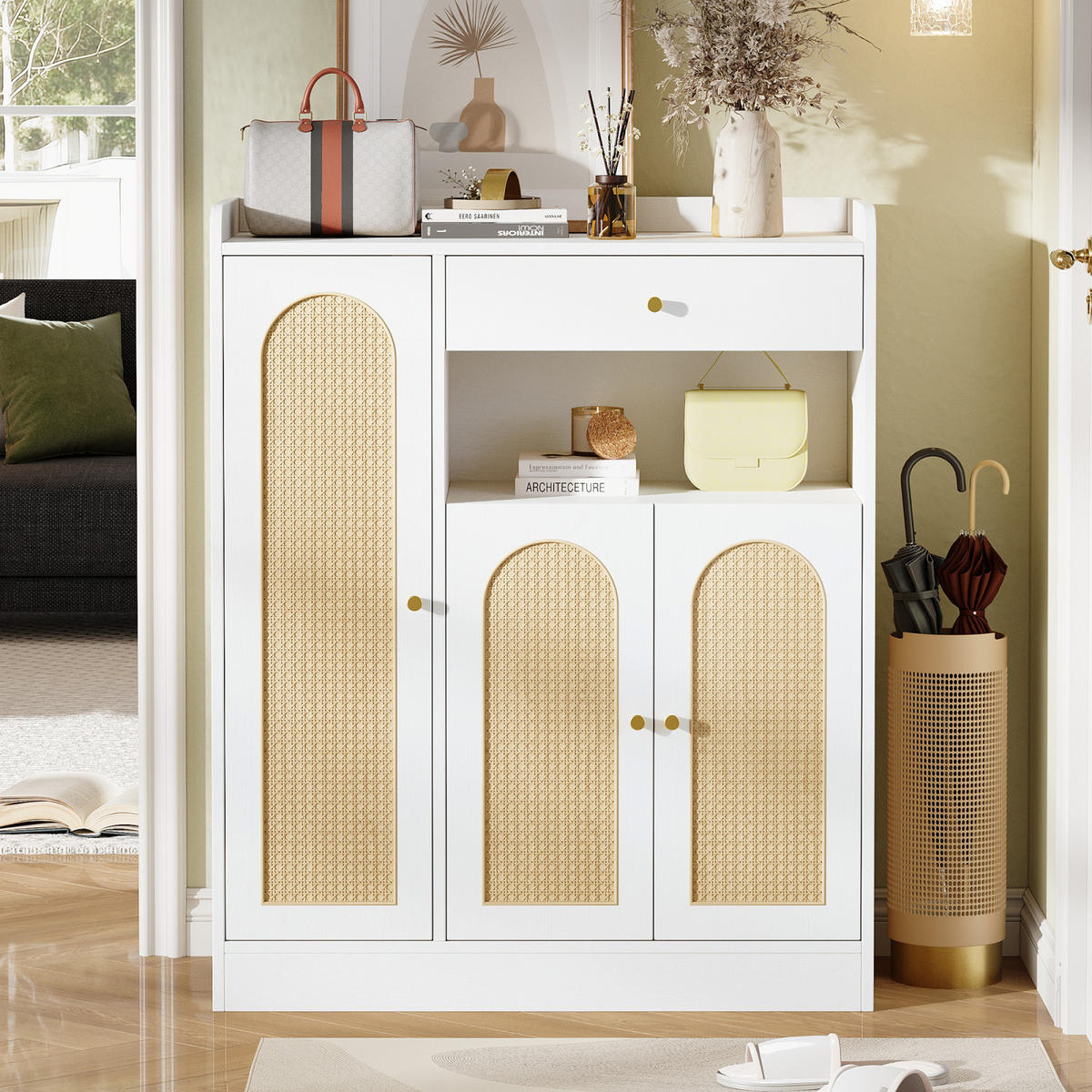 SCHUHSCHRANK Rattanoptik Weiß 90 cm mit 3 Türen und Schublade, Aufbewahrungsschrank - Naturfarben, Holz (90/110/35cm) - PARAFTA HOME