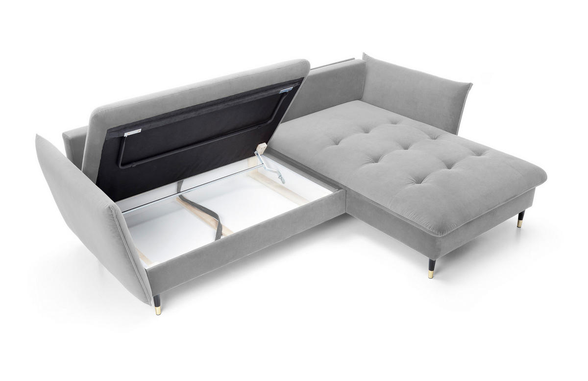ECKSOFA GLAM mit Schlaffunktion, Ottomane & goldenen Füßen – Samtsofa im Glamour-Stil mit Zierkissen, 258x167x91 cm, rechte, hellgrau​ - Hellgrau, Holz/Textil (258/167cm) - DomoHome