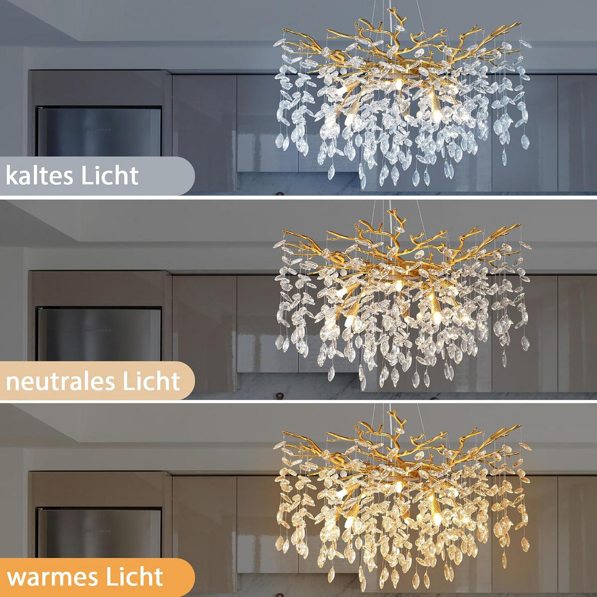KRONLEUCHTER 76 cm K9‑Kristall Baumzweig Gold für Wohnzimmer und Schlafzimmer - Gelb, Naturmaterialien (74/39/29.5cm) - Surtime